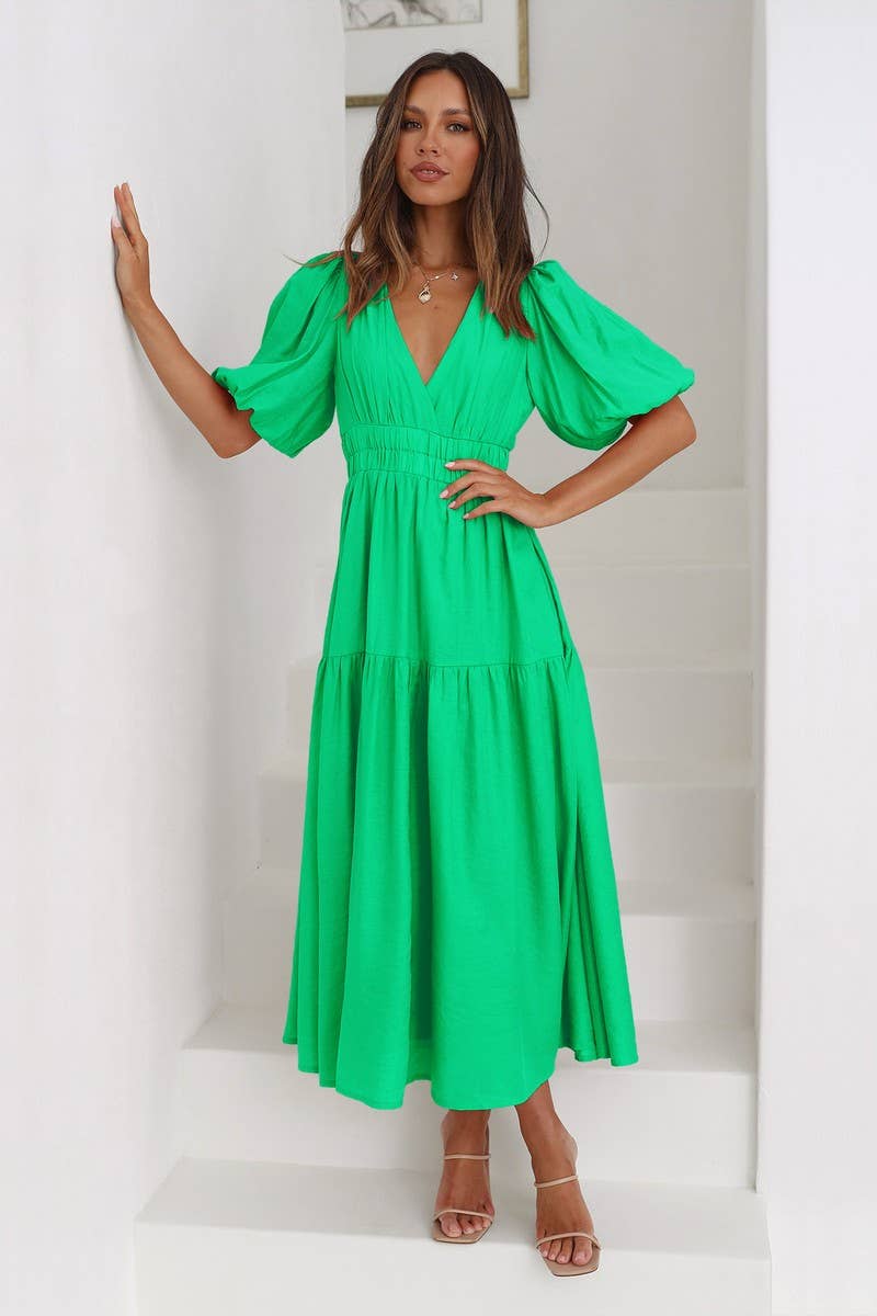CWDSD8159_LANTERN SLEEVE TIERED FLARE MIDI DRESS