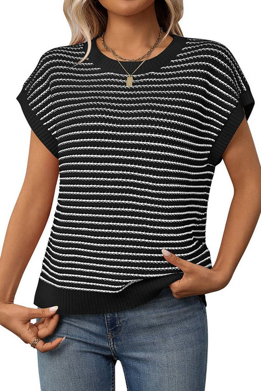 CWOSWS0130_ROUND NECK SHORT SLEEVE STRIPED CONTRAST KNIT TOP