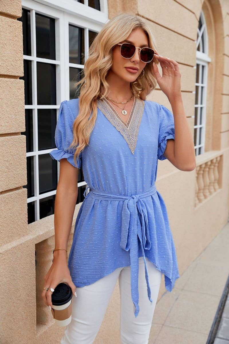 CWTBLS0445_V-Neck Short Sleeve Lace Trim Top