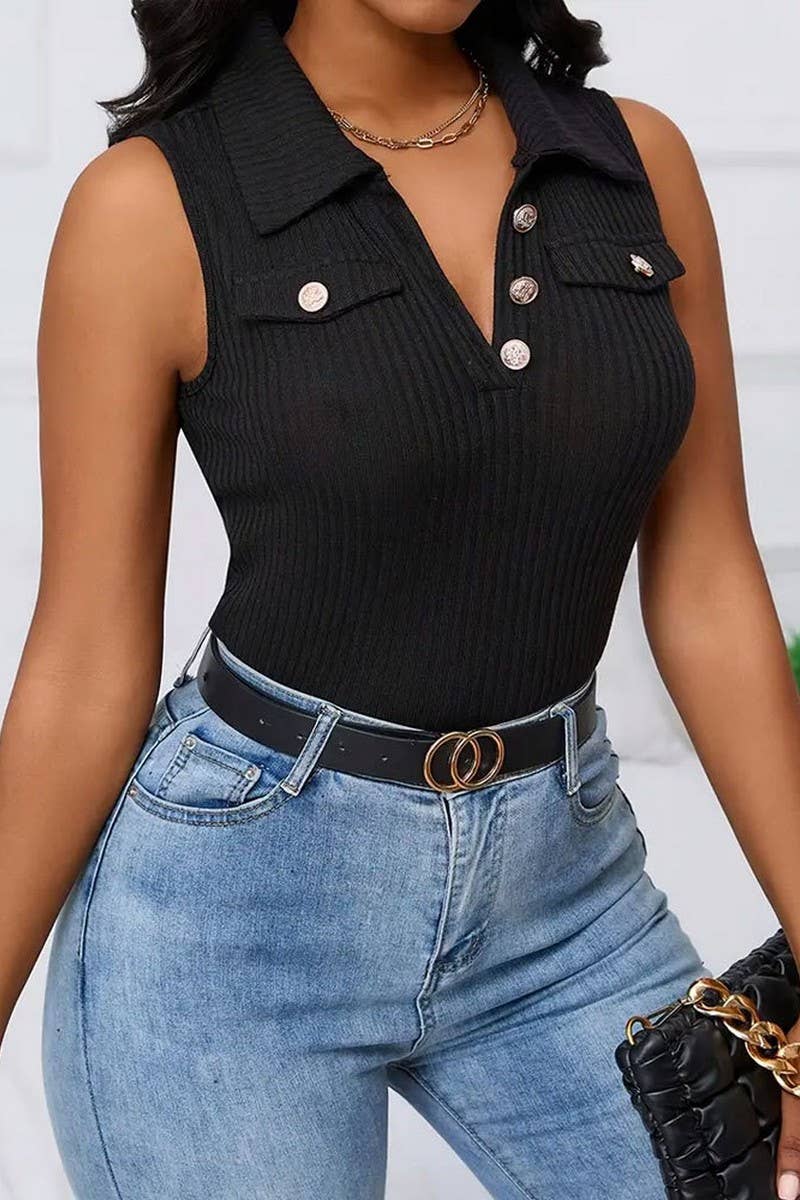 CWTTSL0349_LAPEL CONTRAST COLOR RIBBED SLIM FIT KNITTED VEST