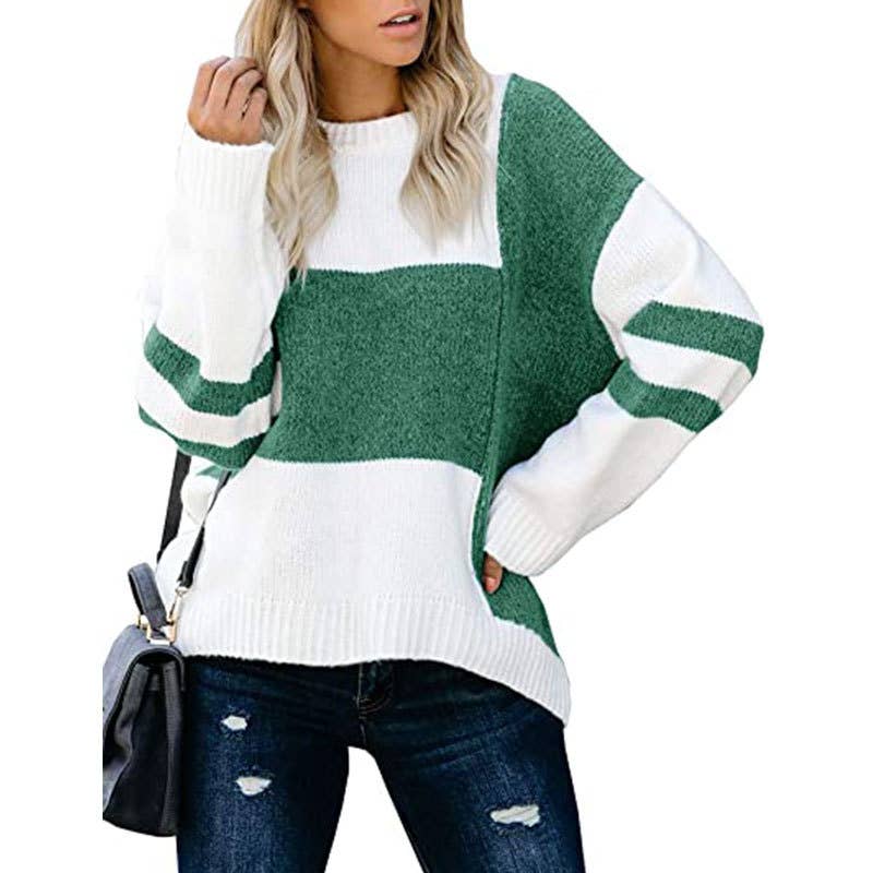 COLOR PATCHWORK CREW NECK PULLOVER SWEATER