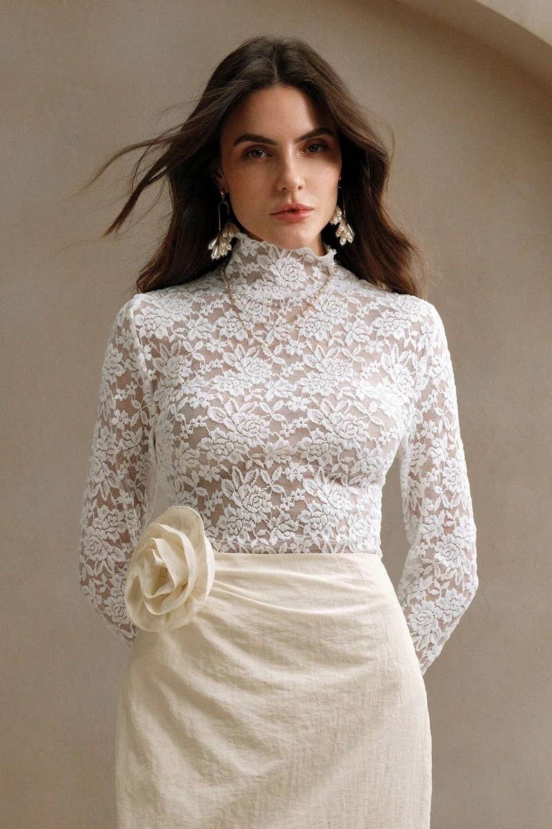 CWTBLL3507_HIGH COLLAR LACE LONG SLEEVE BOTTOMING TOP