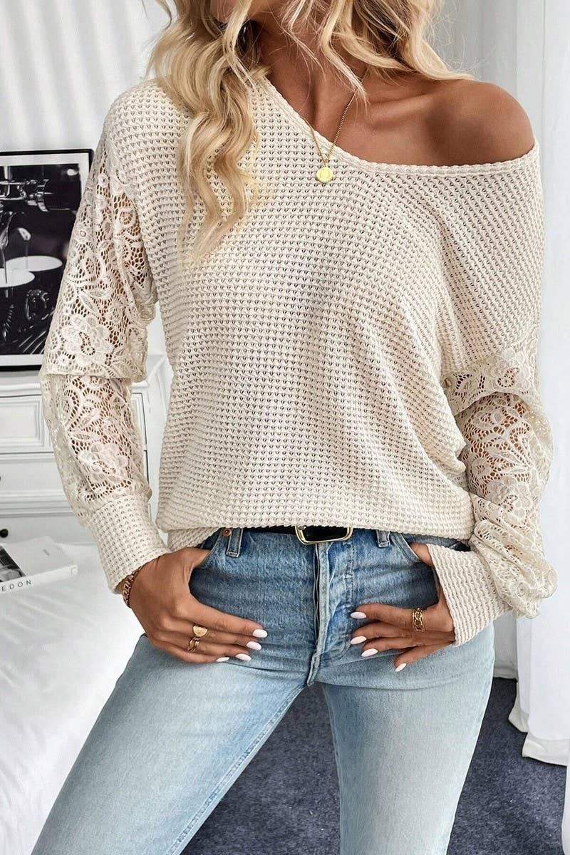 CWTBLL3533_SOLID V-NECK LACE PANEL LONG SLEEVE T-SHIRT TOP