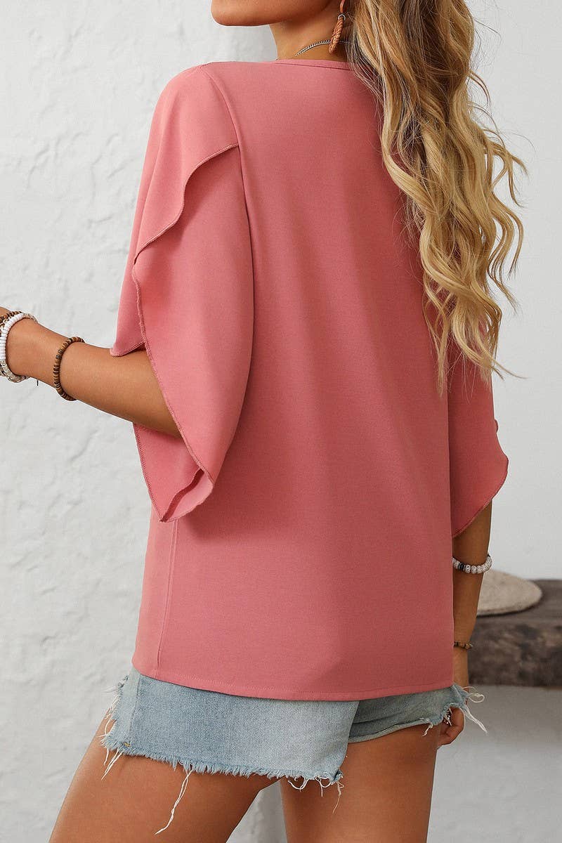 CWTBLS1711_CASUAL OBLIQUE V-NECK CHIFFON BUD SLEEVE TOP
