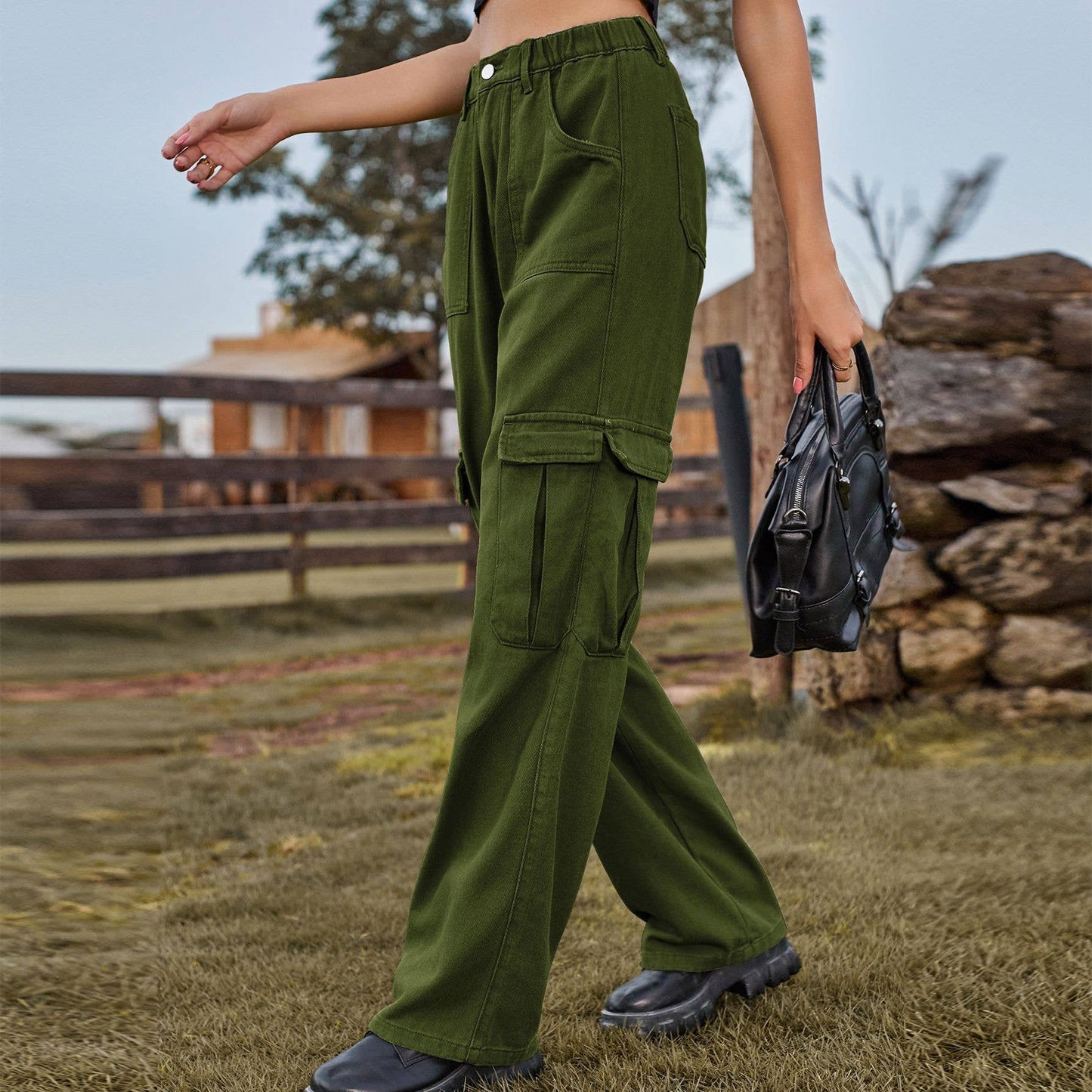 ELASTIC-WAISTED DENIM CASUAL CARGO PANTS
