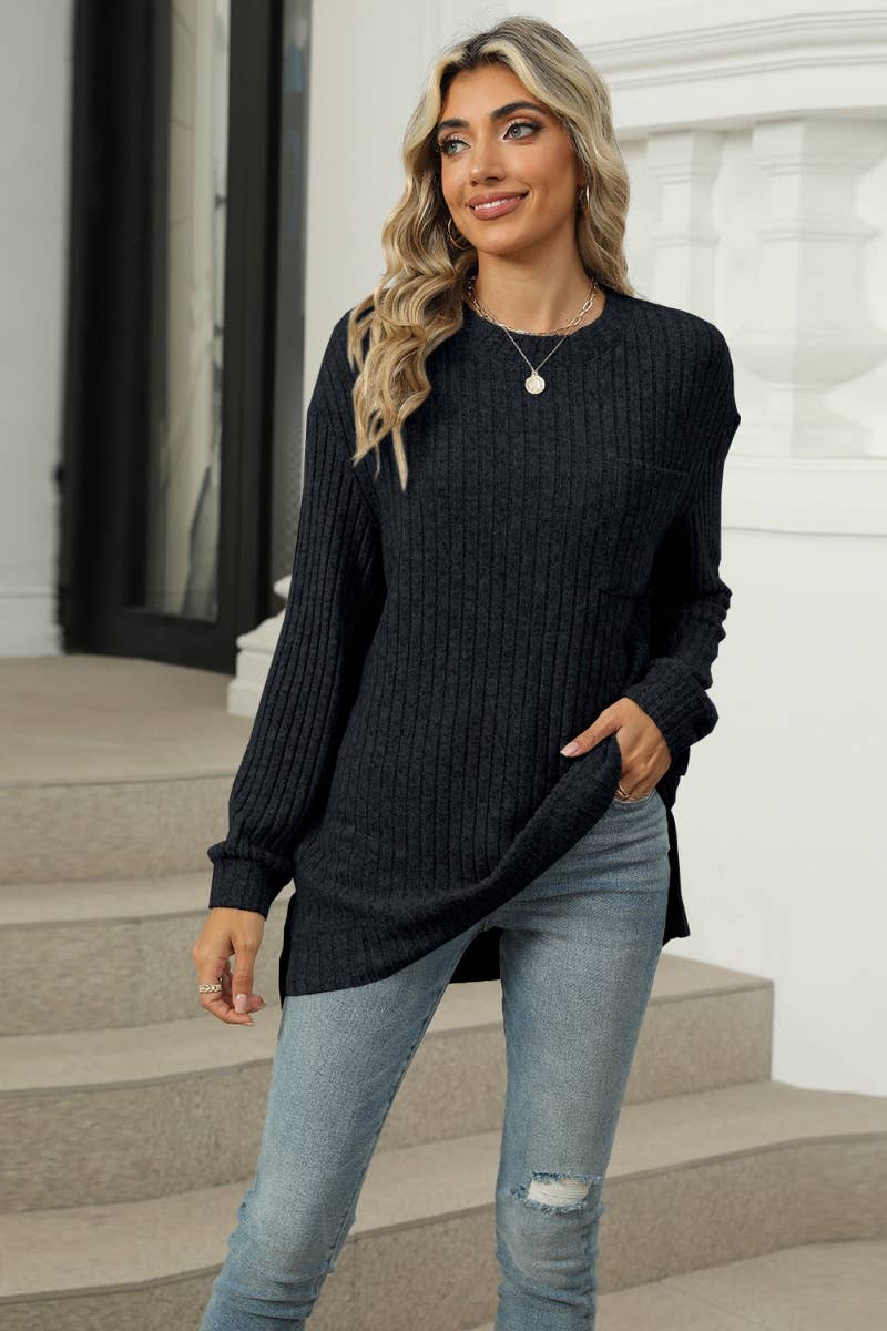CWOSWL6608_WINTER POCKET CREW NECK LONG-SLEEVED SWEATER