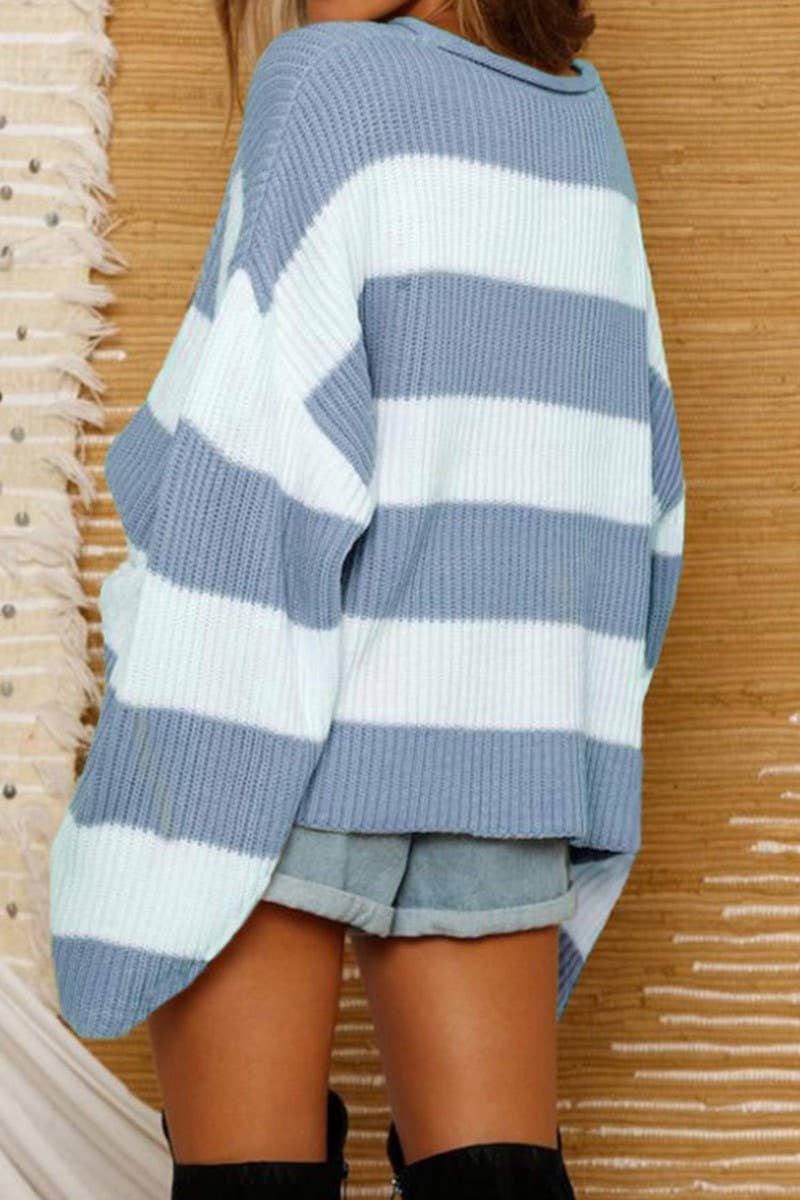 CWOSWL5734_STRIPED LOOSE CREW NECK LONG SLEEVE SWEATER TOP