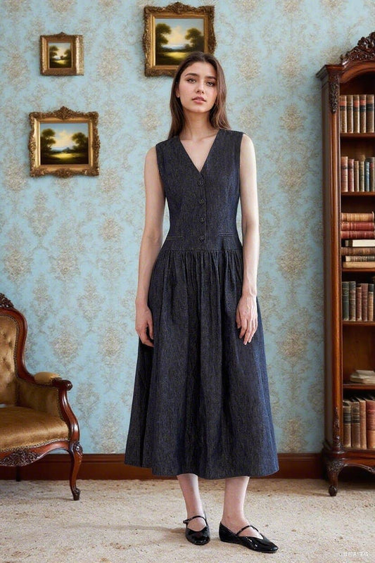 CWDMD6386_SOLID V-NECK SLEEVELESS MIDI DRESS WITH POCKETS