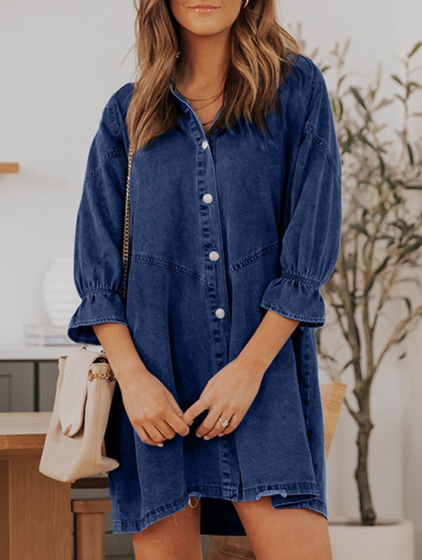 Single-row multi-button denim dress