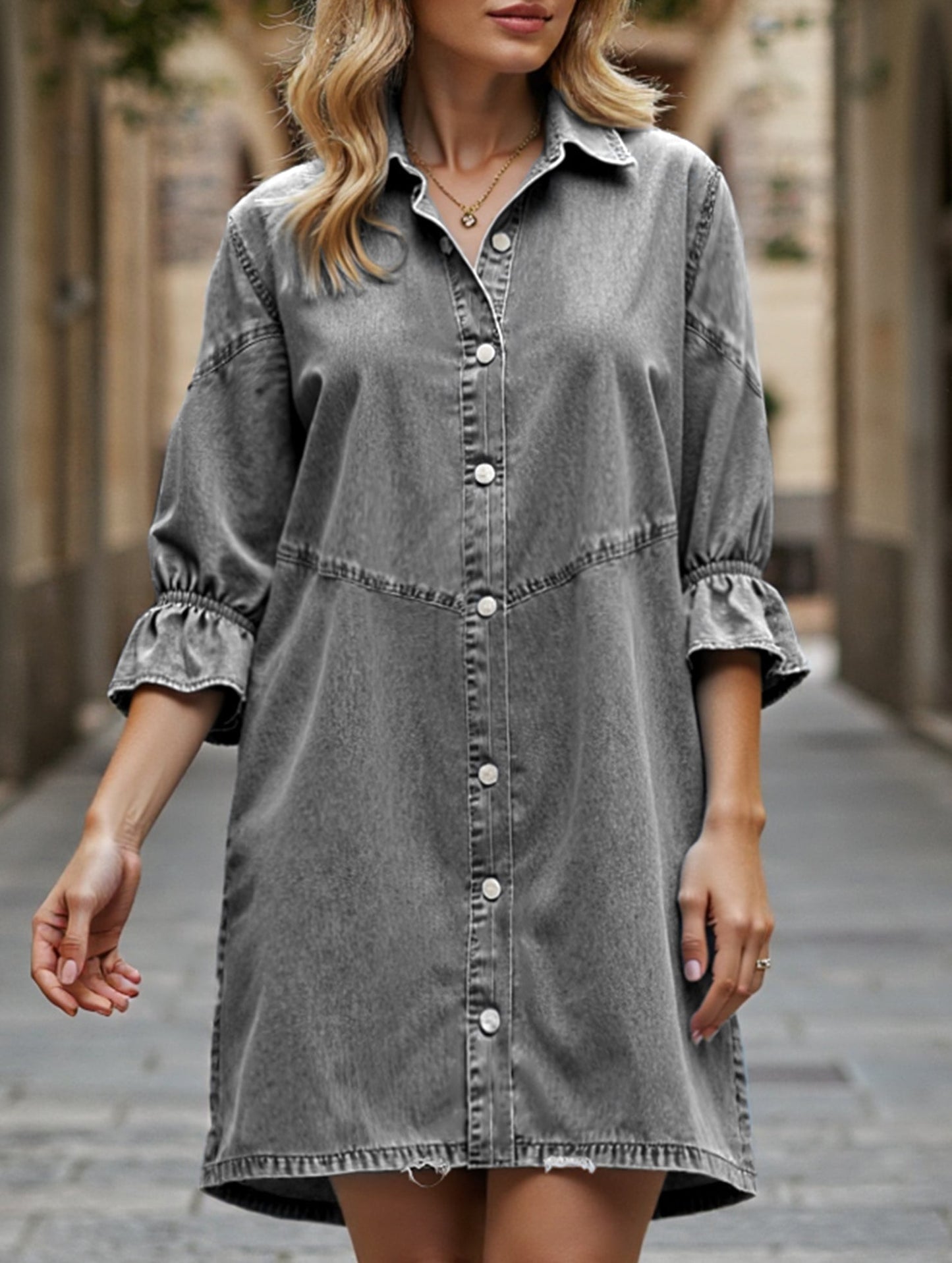 Single-row multi-button denim dress