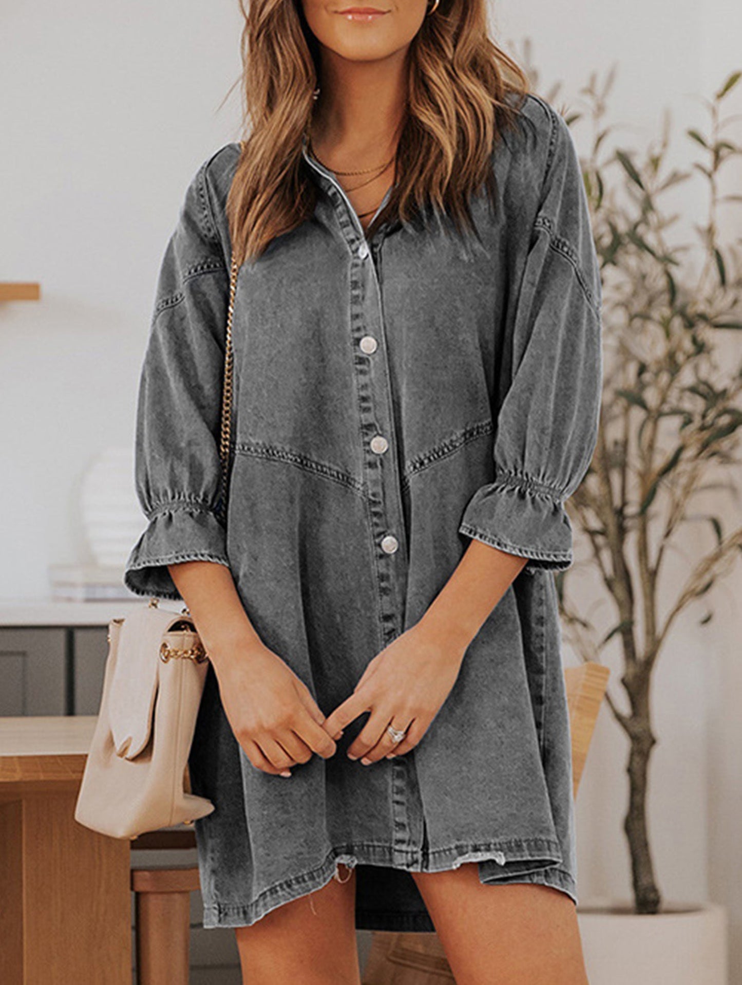 Single-row multi-button denim dress