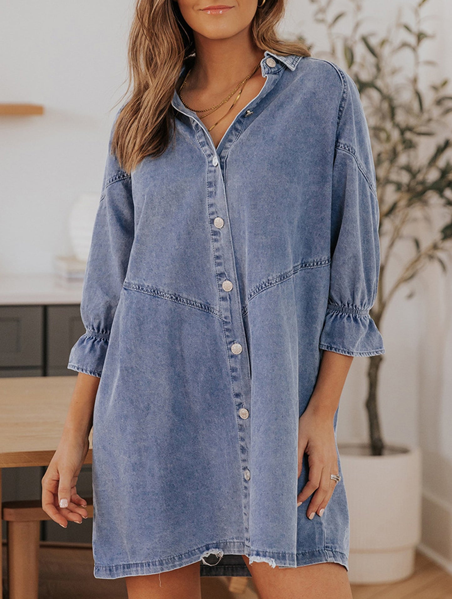Single-row multi-button denim dress