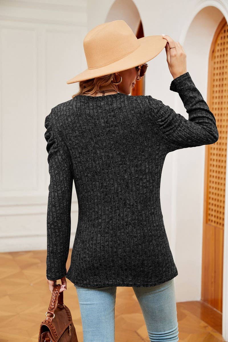 CWTBLL2403_ROUND NECK LONG SLEEVE TWISTED PUFF SLEEVE TOP