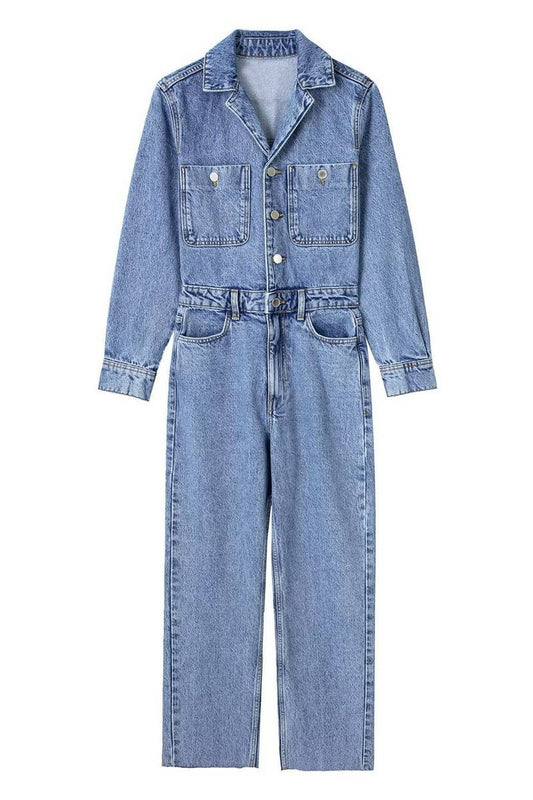 CWSJS1261_LAPEL SINGLE BREASTED STRAIGHT DENIM JUMPSUIT