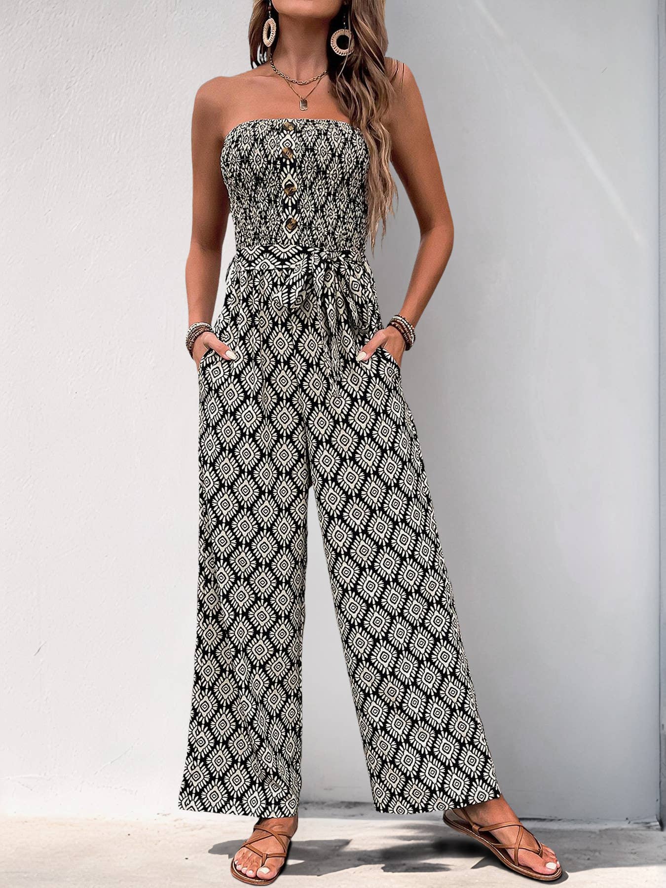 Boho ruched strapless jumpsuit with ethnic print