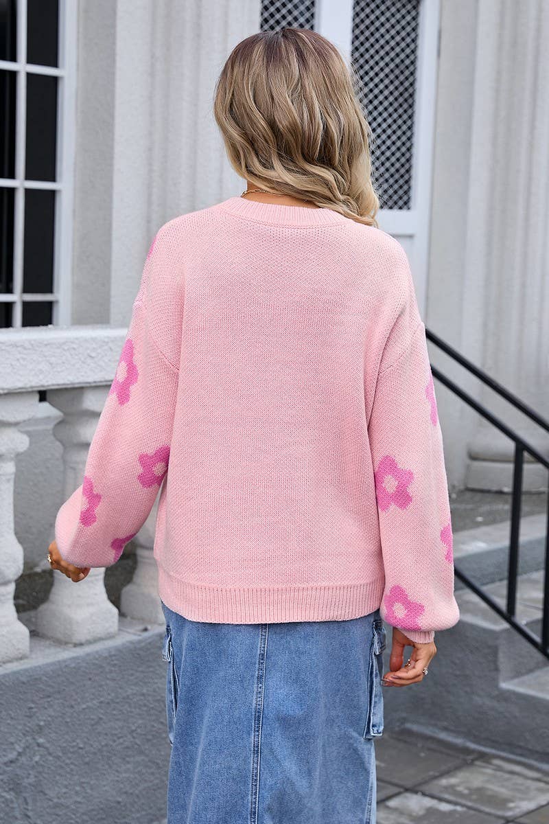 CWOSWL3072_FLORAL PRINT LONG SLEEVE CREWNECK KNIT SWEATER
