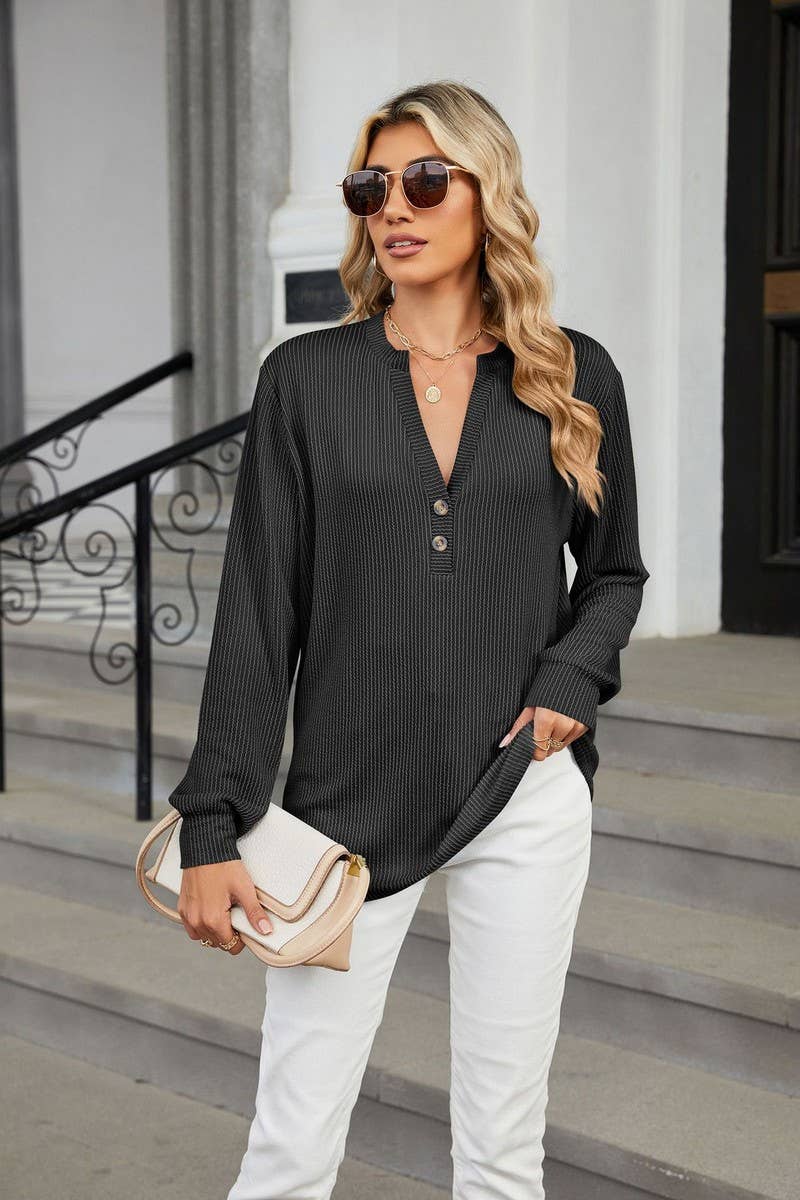 CWTBLL3675_V-NECK BUTTON-DOWN STRIPED WAVY CASUAL TOP