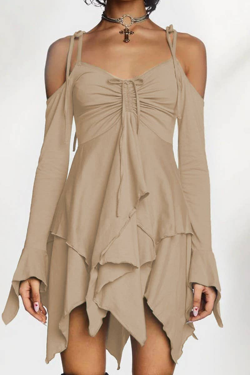 CWDSD7953_ELEGANT RUFFLED OFF-SHOULDER PATCHWORK MIDI DRESS