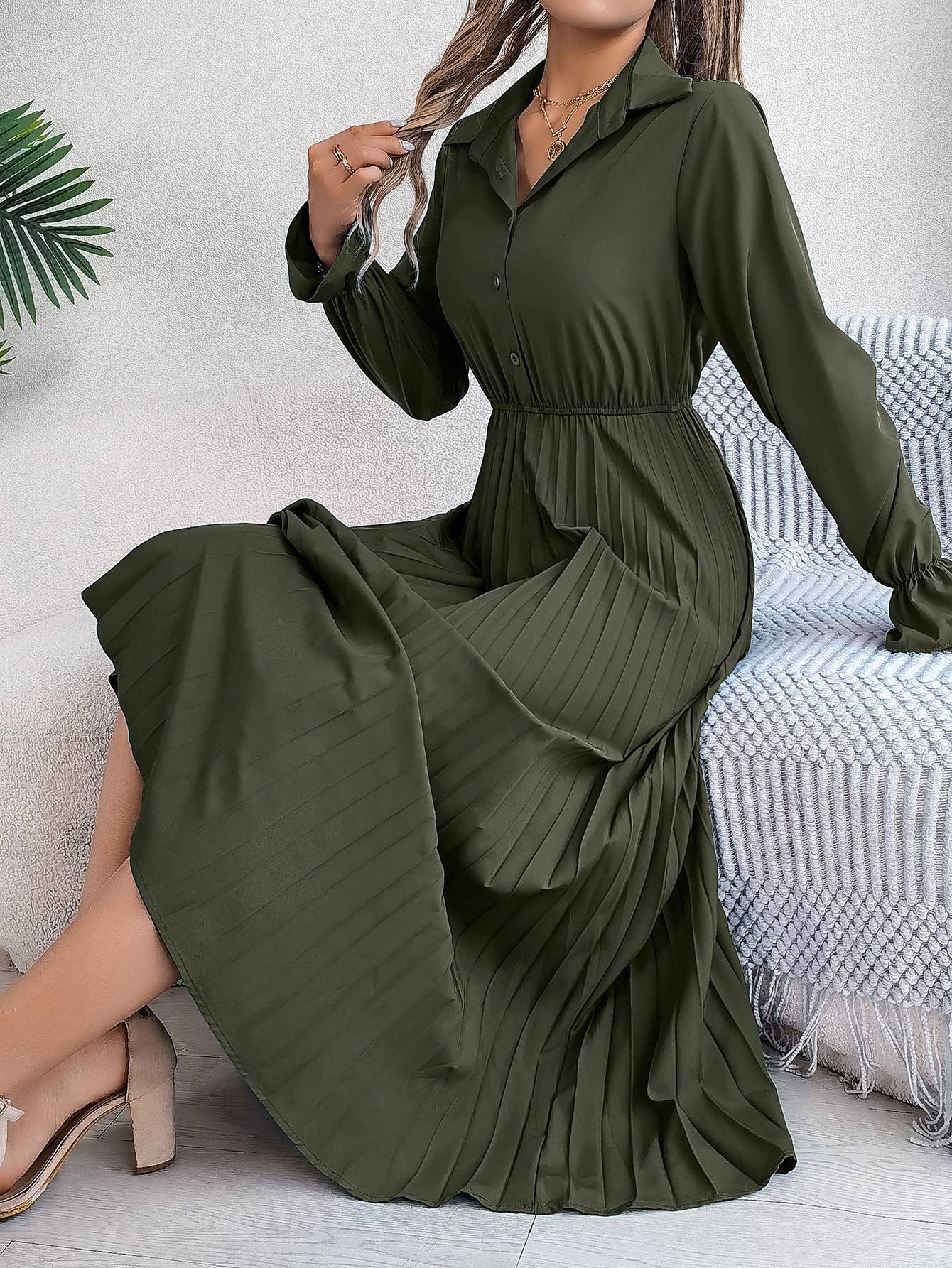 CASUAL LAPEL BUTTON WAIST PLEATED LONG DRESS
