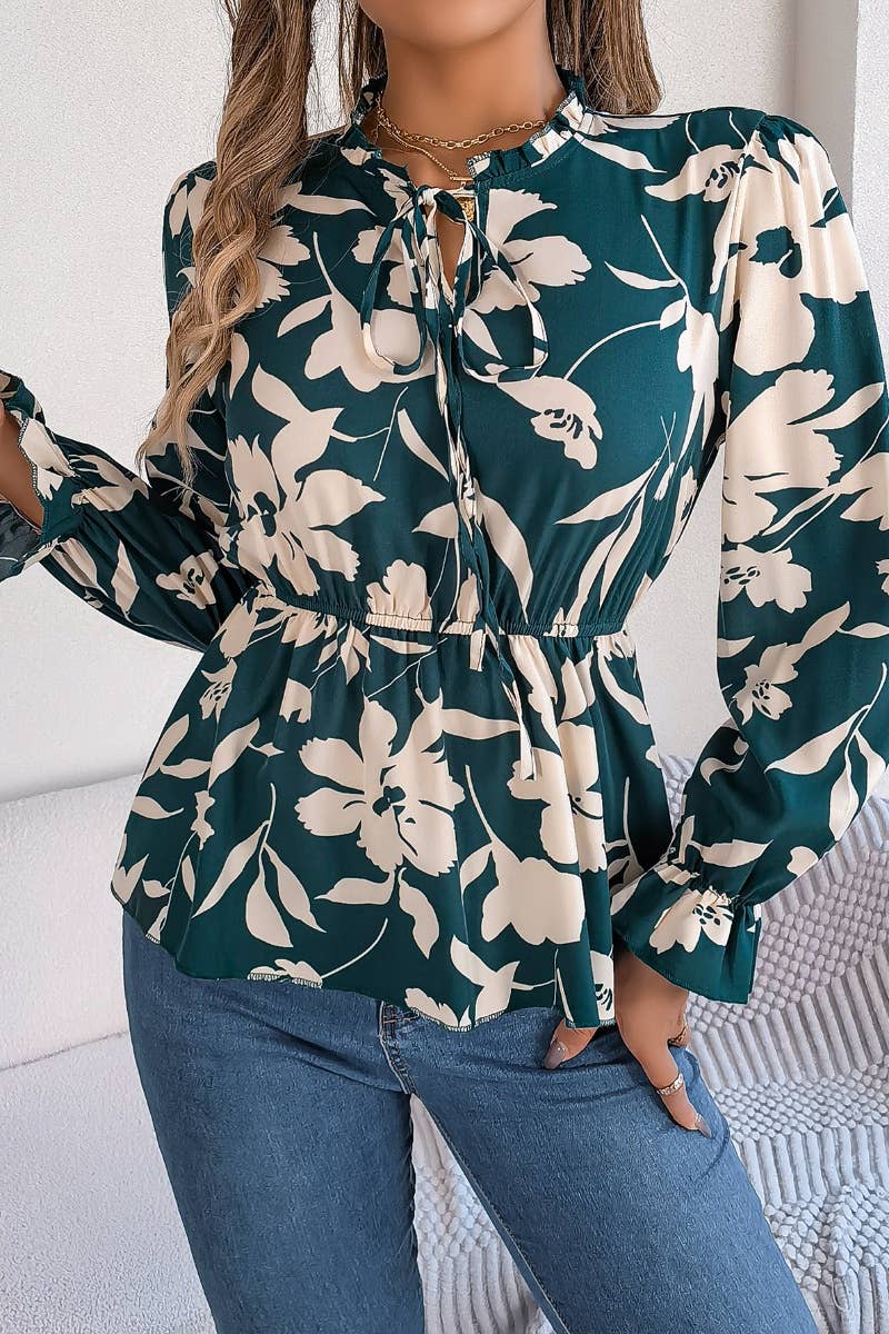 CWTBLL0954_CASUAL FLORAL LACE-UP LONG-SLEEVED CHIFFON TOP