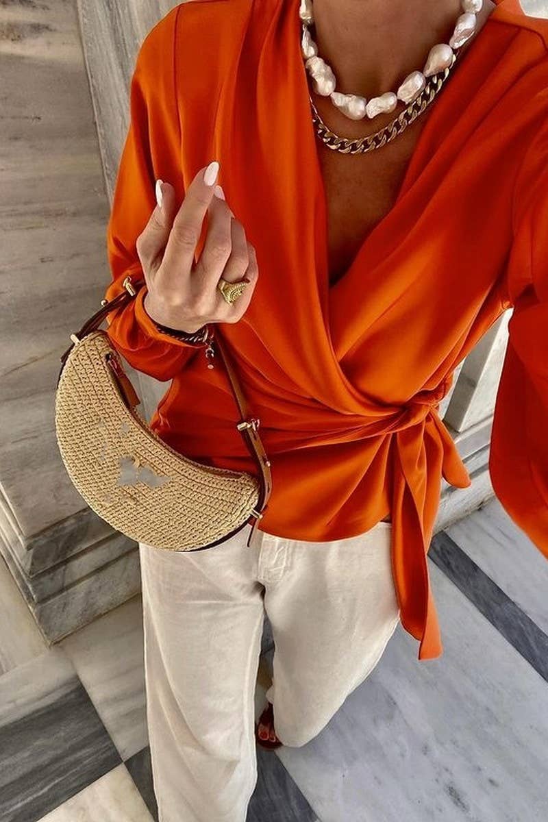 CWTTL2038_V-NECK TIE TEMPERAMENT LONG SLEEVE SHIRT