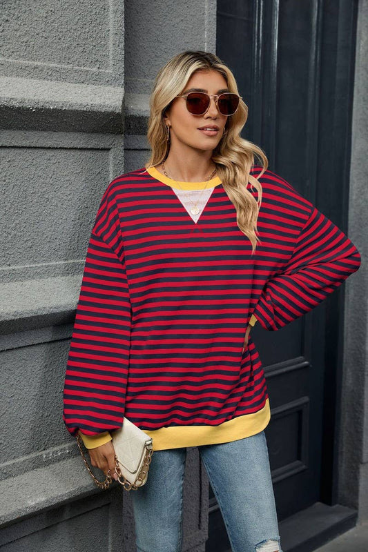 CWTBLL2359_CONTRAST COLOR STRIPED CREW NECK SWEATSHIRT