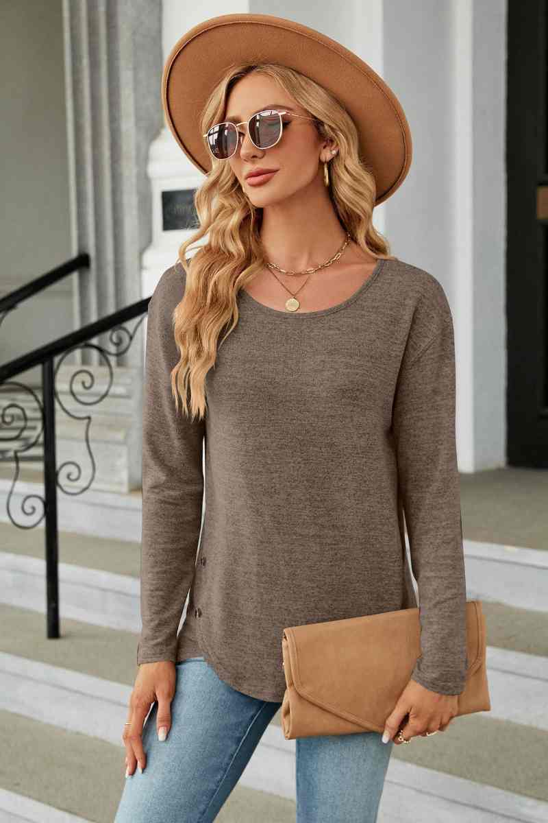 CWTBLL2839_BIG CREW-NECK LONG SLEEVE SPLIT BUTTON TOP