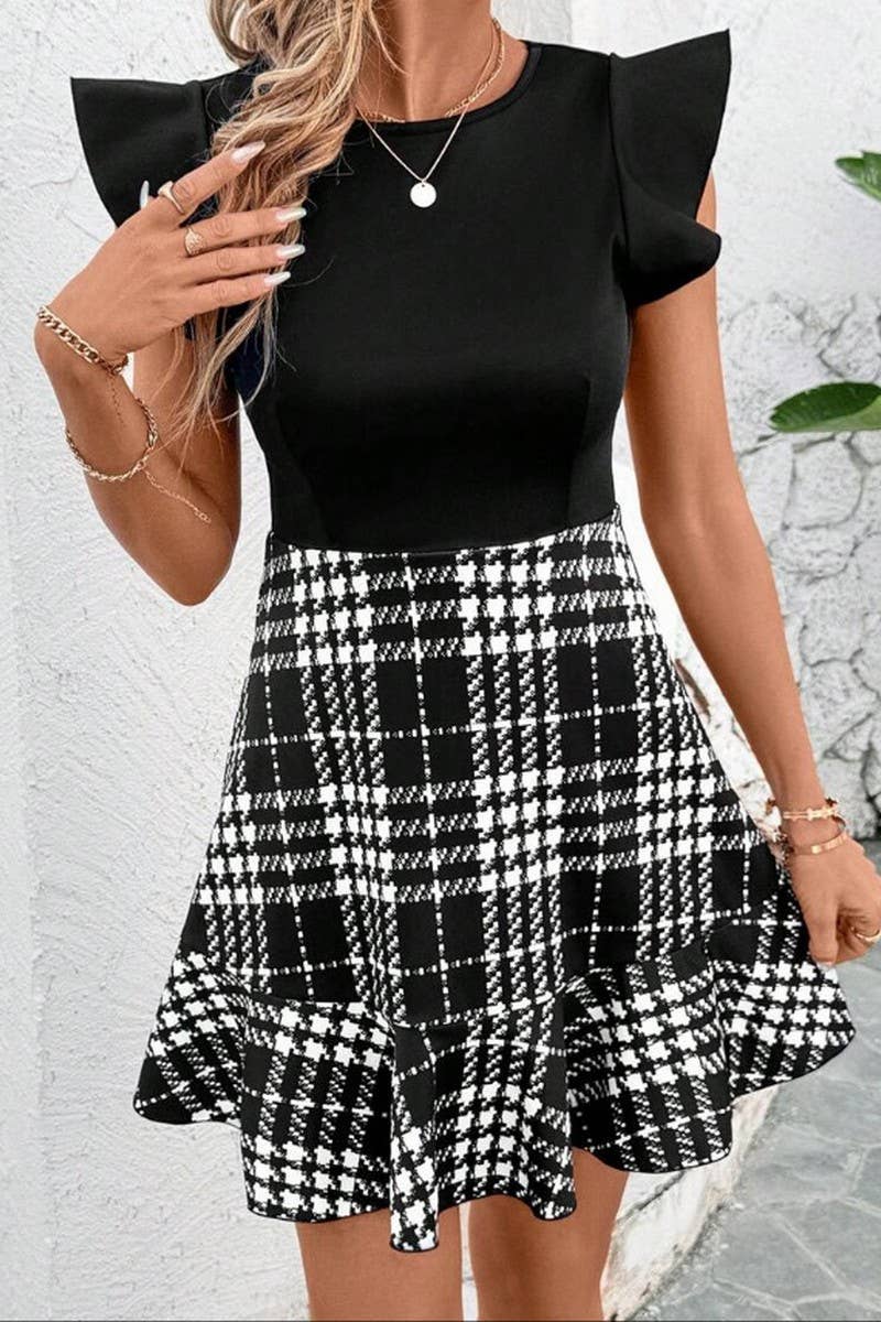 CWDSD8787_HIGH WAIST BLACK AND WHITE PLAID HIP FISHTAIL DRES