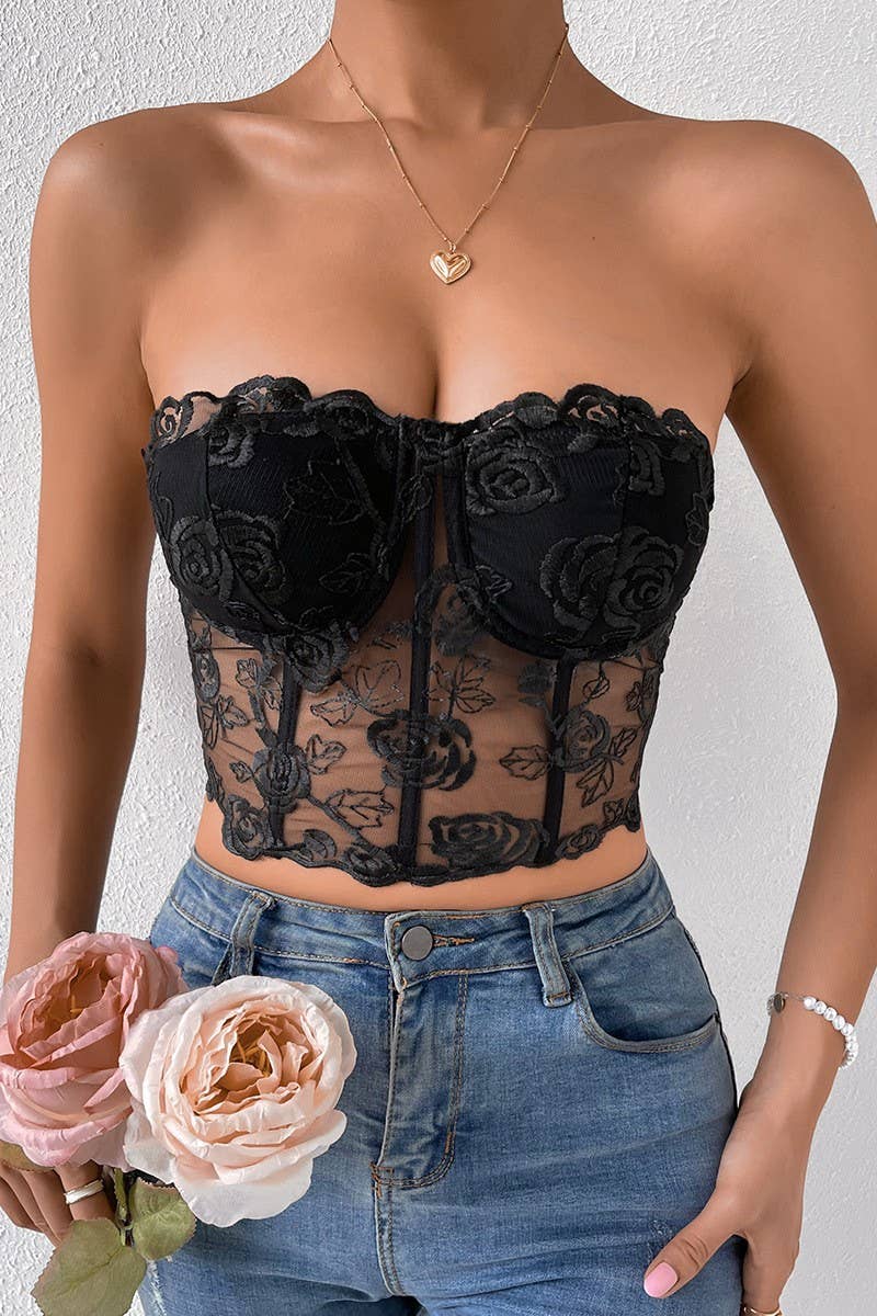 CWTTK0740_3D FLOWER STITCHED UNDERWIRE BANDEAU TANK TOP