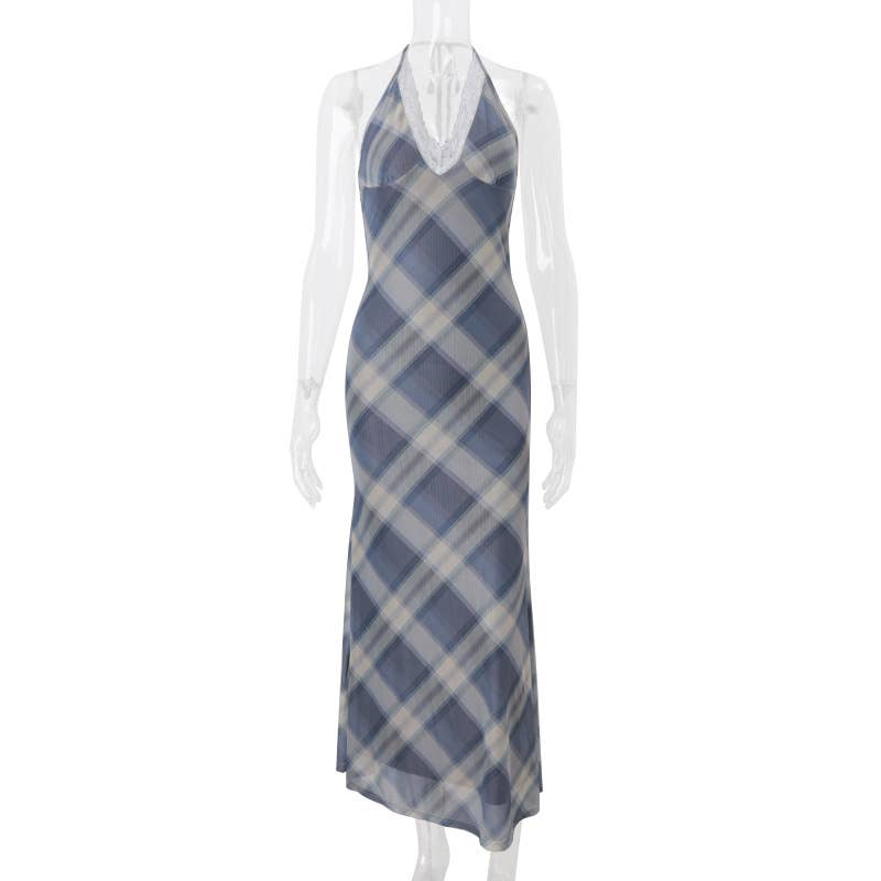 A V-neck lace lace checkered retro slim dress