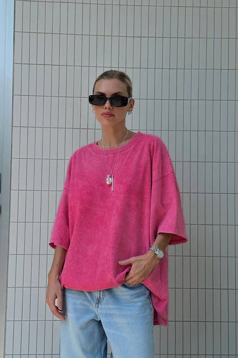 CWTTS1176_ROUND NECK WASHED DISTRESSED SHORT SLEEVE T-SHIRT