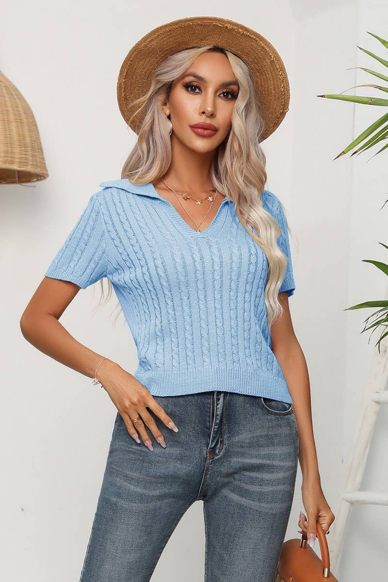 CWOSWS0059_Casual V-Neck Short Sleeve Pullover Sweater