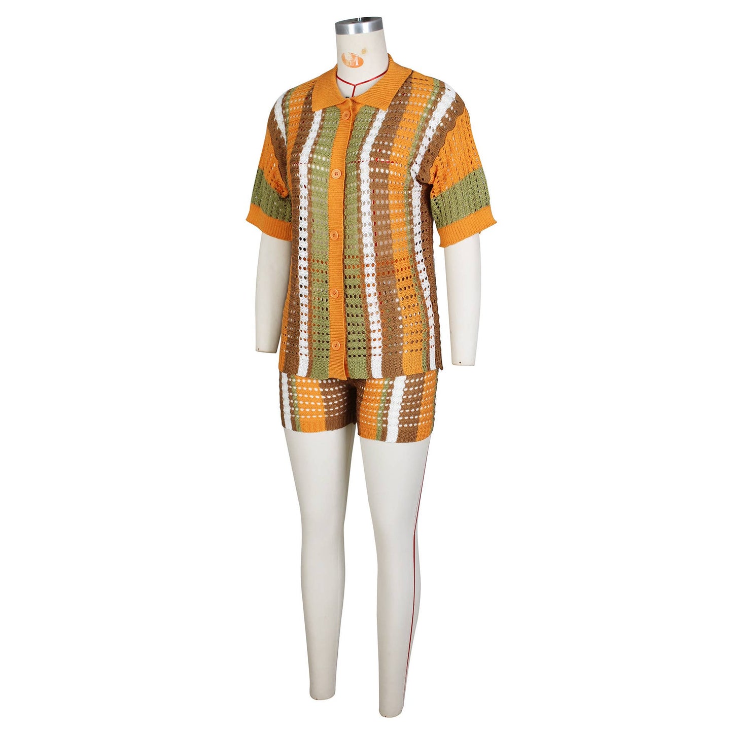 CUT-OUT SEE-THROUGH LAPEL KNIT SHORTS SET