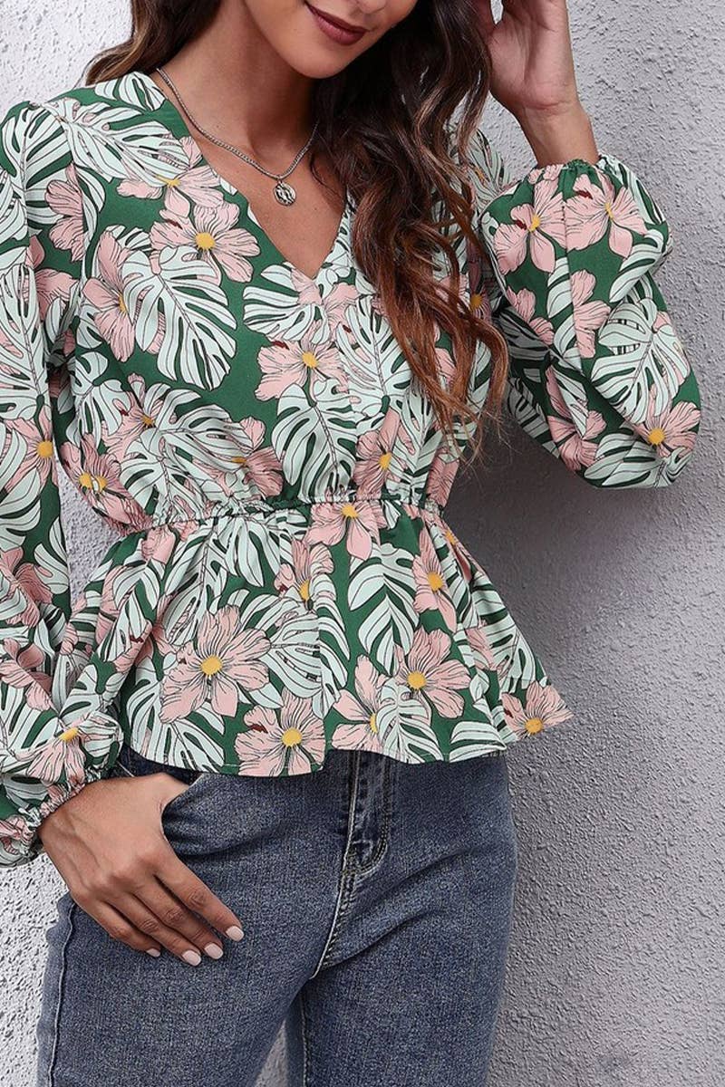 CWTBLL3759_V-NECK LANTERN SLEEVE LEAF PRINT CHIFFON SHIRT