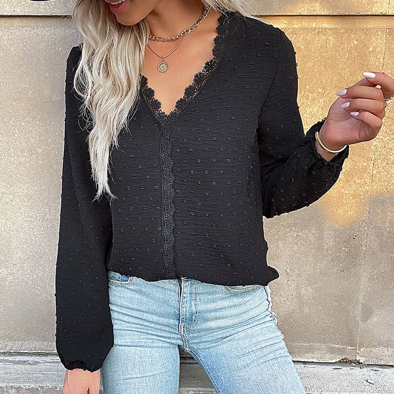 COMMUTER LONG SLEEVE LACE PATCHWORK V-NECK SHIRT