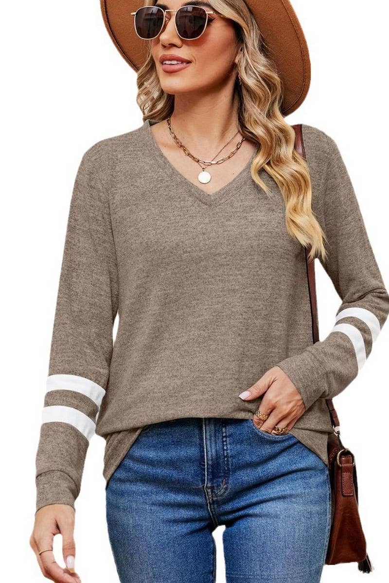 CWTBLL2392_V-NECK LONG-SLEEVED CONTRAST COLOR LOOSE TOP