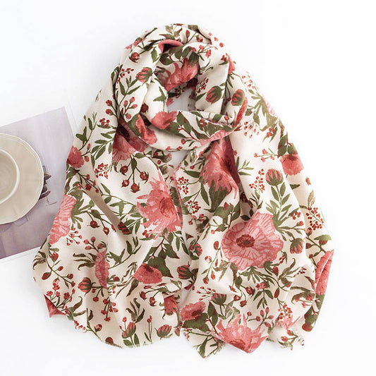 Floral Print Long Faux Cashmere Scarf, Warm Shawl