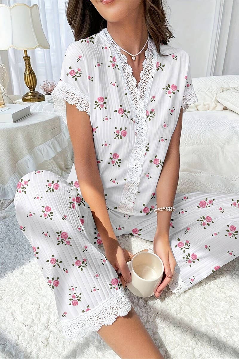 CWSPJ00468_CHERRY PRINT LACE TRIM SHORT SLEEVE PAJAMA SET