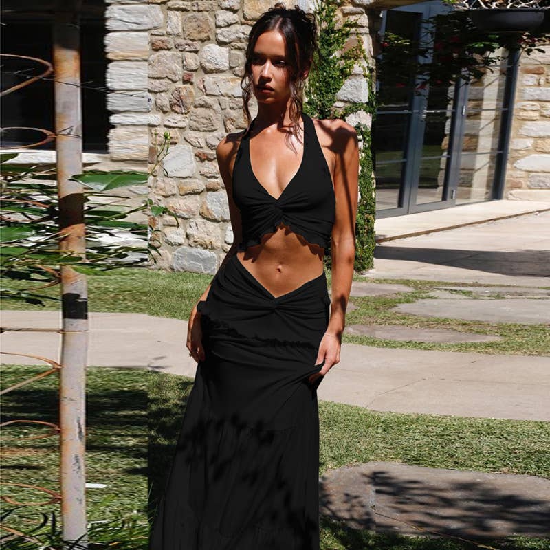 Crop cord pleated halter top and skirt set