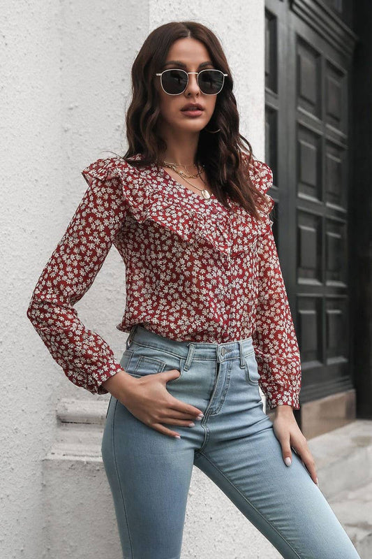 CWTBLL0708_V-Neck Ruffle Long Sleeve Print Blouse