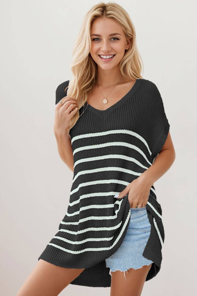 CWDSD3925_V-NECK STRIPED SHORT-SLEEVED KNITTED SHORT DRESS