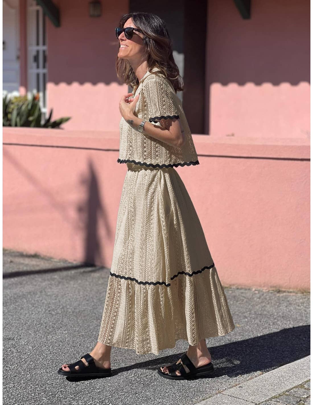 Comfortable shirt collar lace long skirt set