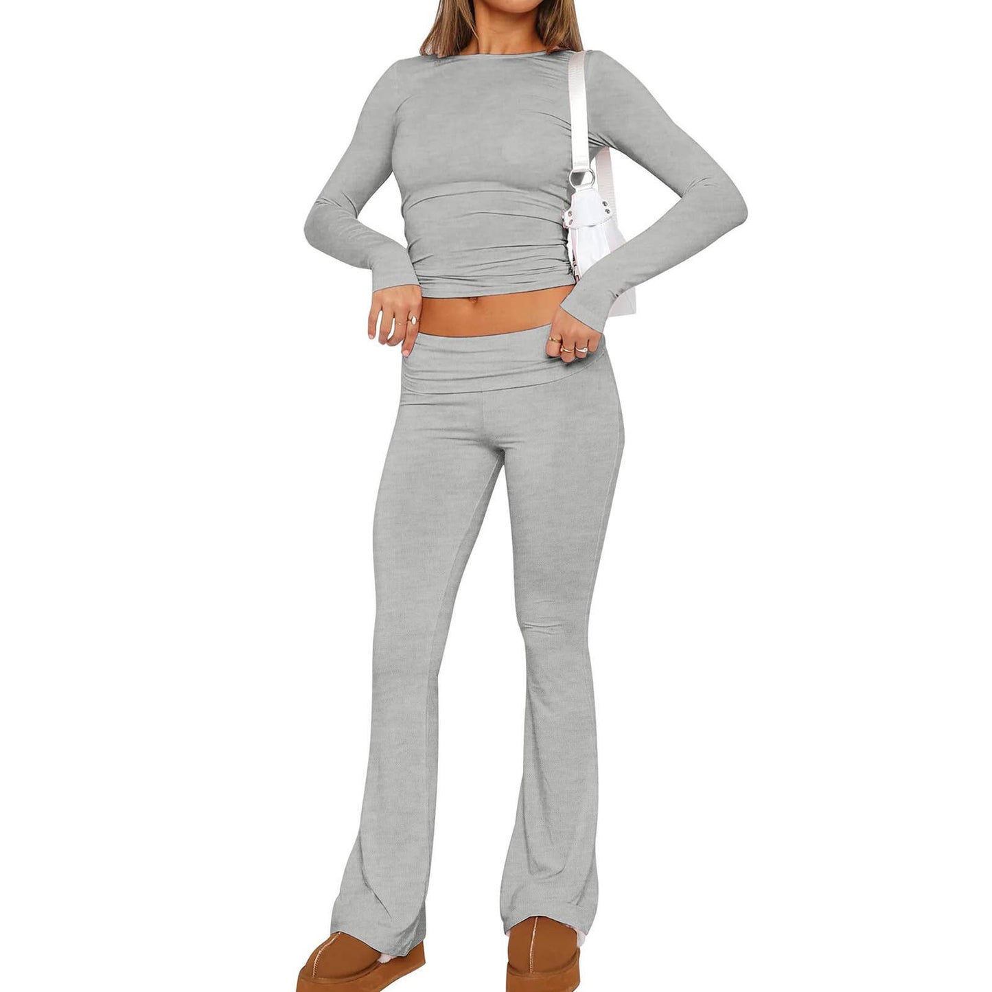Crop top long sleeve flared trousers slim suit