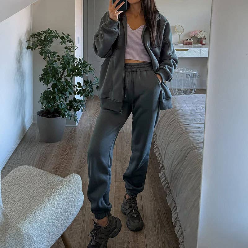 CASUAL LOOSE ZIPPER TOP DRAWSTRING LEG TRACKSUIT
