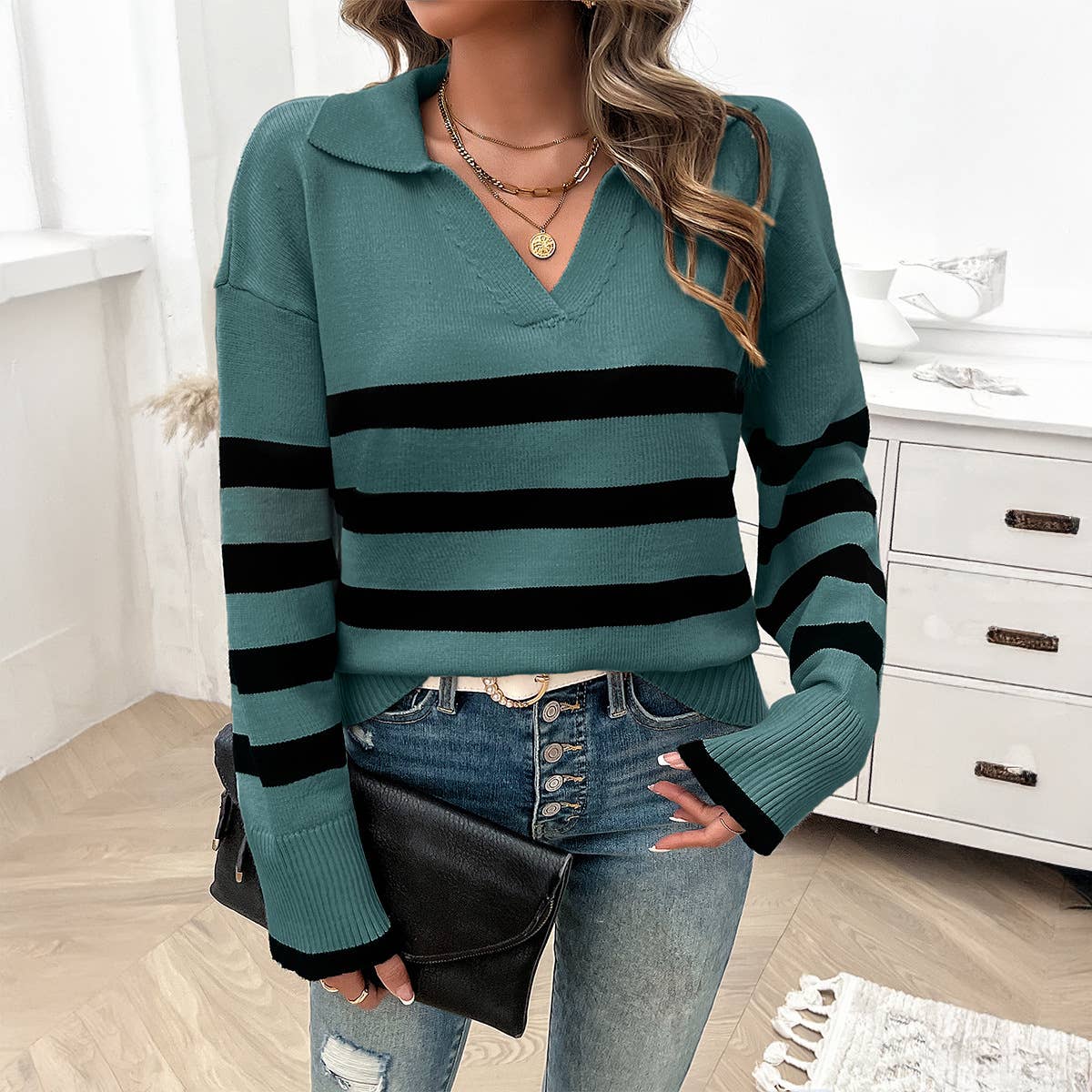 CASUAL BAGGY STRIPED LAPEL PULLOVER SWEATER