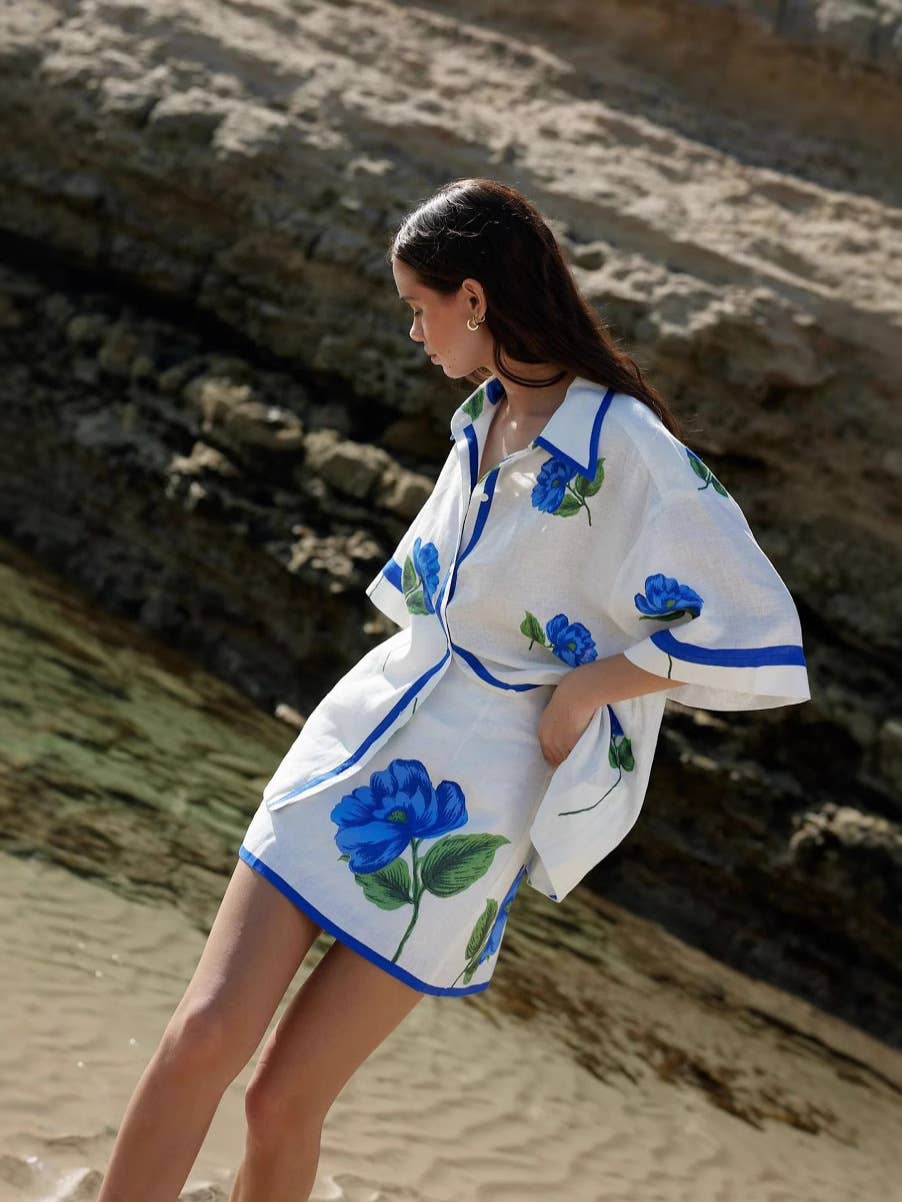 Casual linen shirt collar wrap hip skirt set