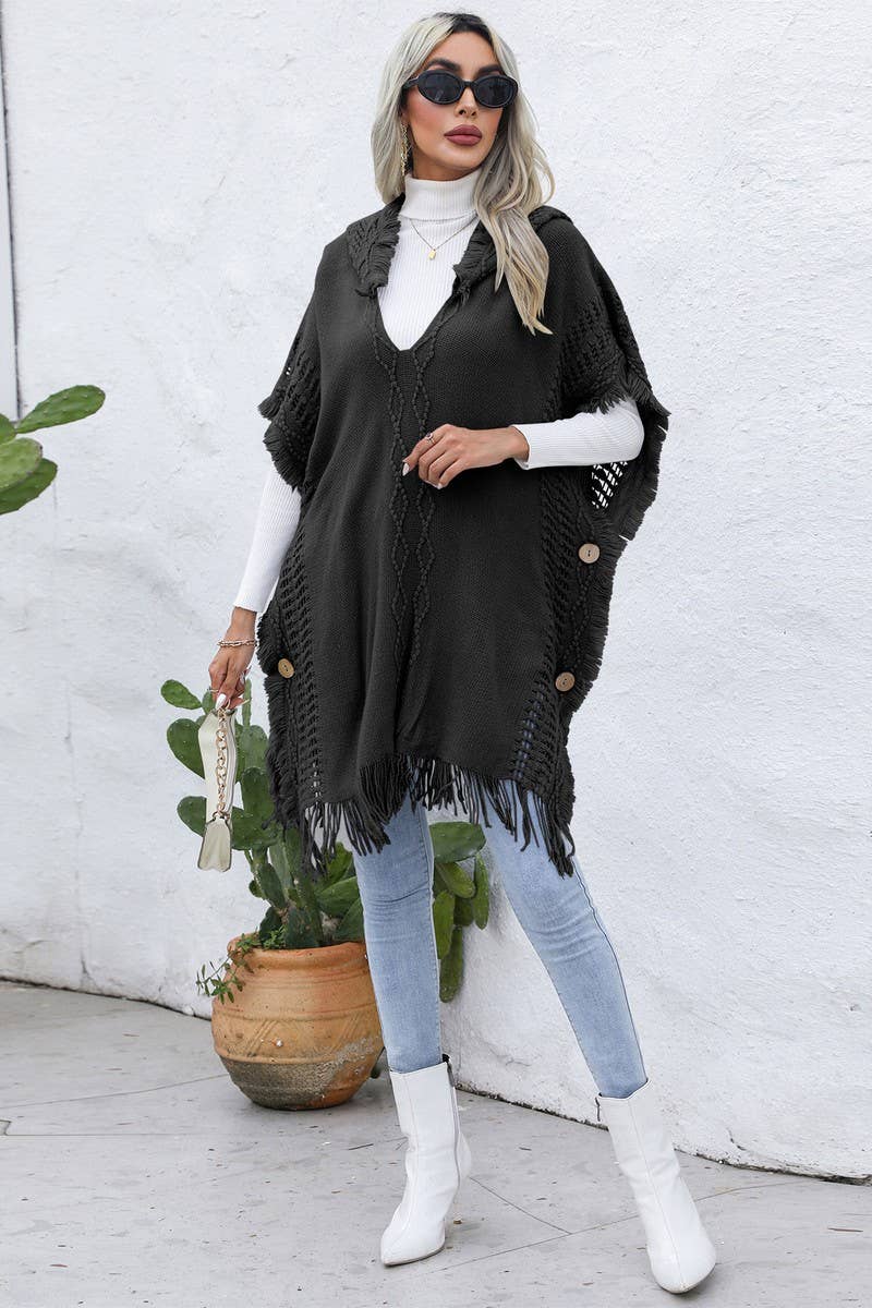 CWOSWL6438_V-NECK FRINGED HOODED MID-LENGTH CAPE KNITTED TOP
