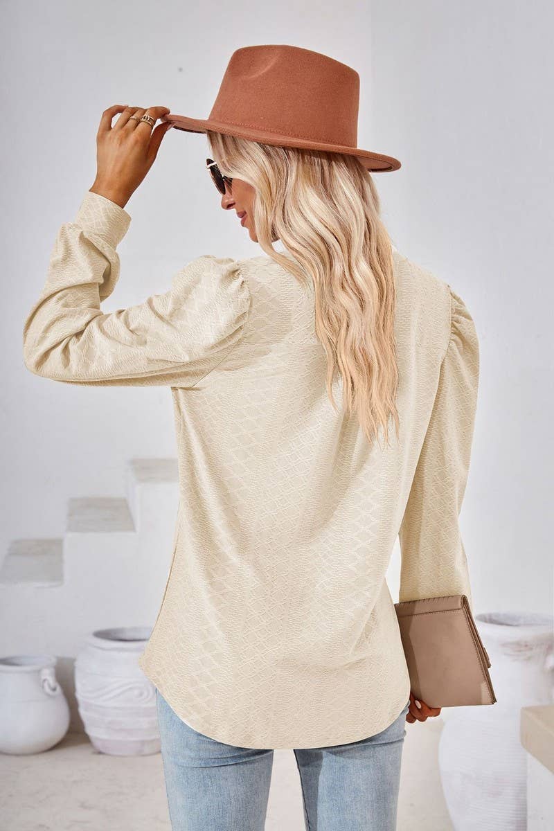 CWTBLL2374_SOLID COLOR V-NECK JACQUARD LONG-SLEEVED TOP