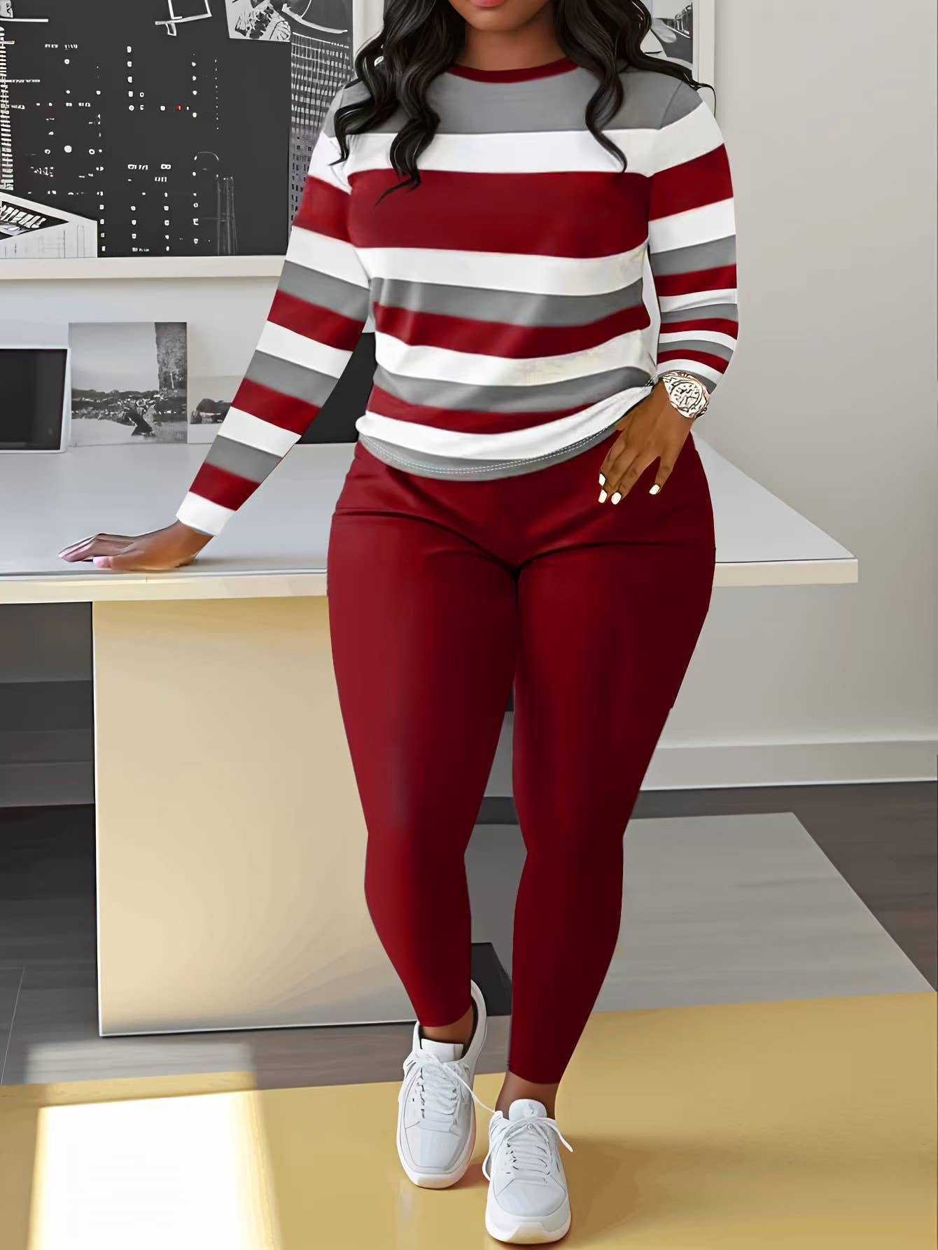 COLOR MATCHING STRIPED SHIRT PANTS TWO-PIECE SET