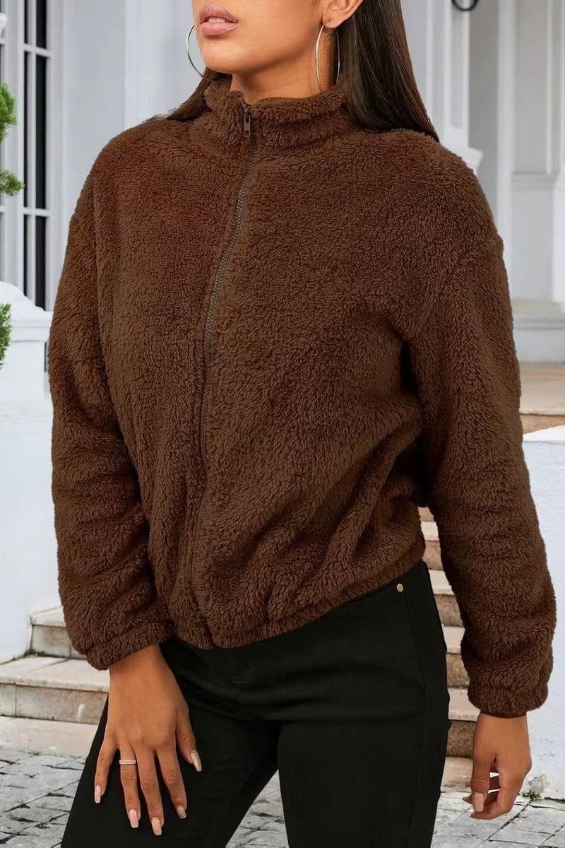 CWOCO00207_PLUSH CASUAL LOOSE ZIP-UP LONG-SLEEVED JACKET